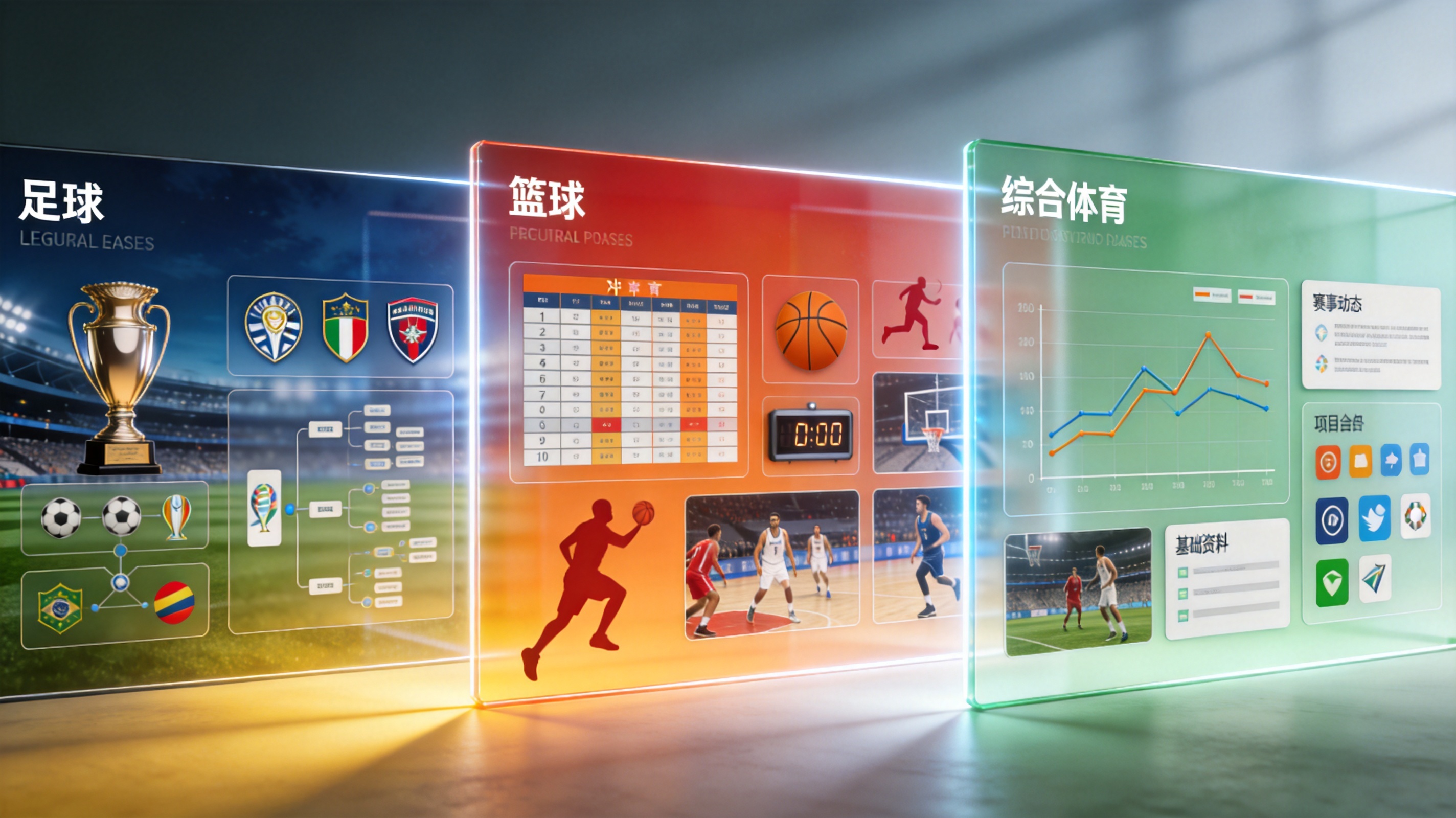 赛事覆盖模块配图：足球、篮球与综合体育项目的赛事内容分类示意场景